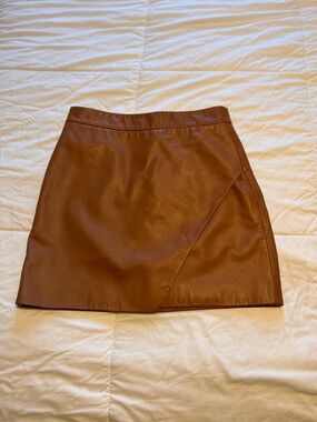 Brown Faux Leather Mini Skirt with Asymmetric Panel